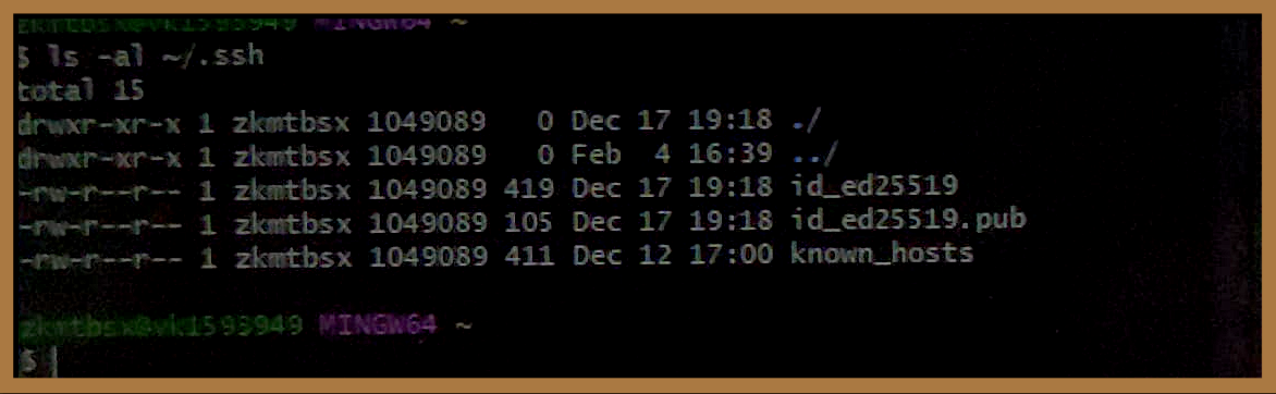 The result of running ls -al ~/.ssh is displayed